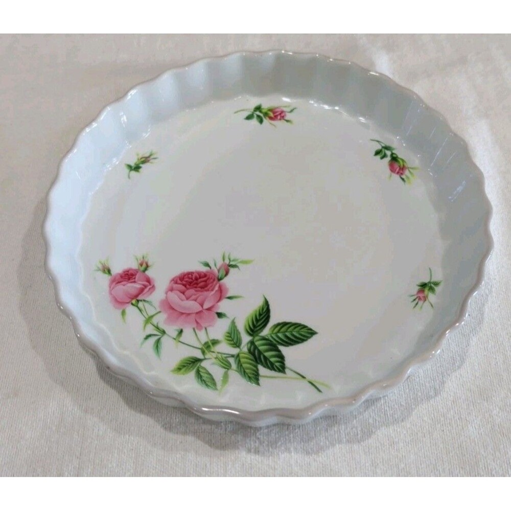 Christineholm Porcelain Rose Pattern Quiche, Tart, Pie Plate 9.5" Baking Dish